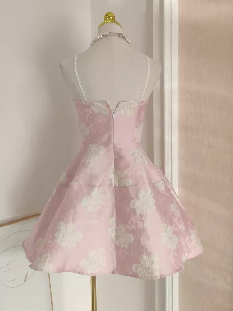 Cute A line Spaghetti Straps Pink Satin Holiday Dresses Short Birthday Dress
