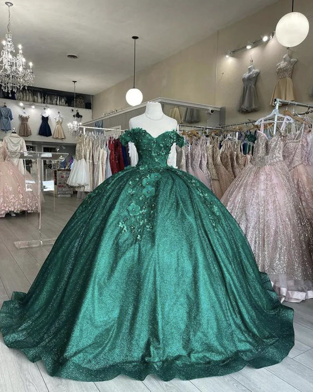 Off The Shoulder Ball Gown Green Sweet 16 Dress