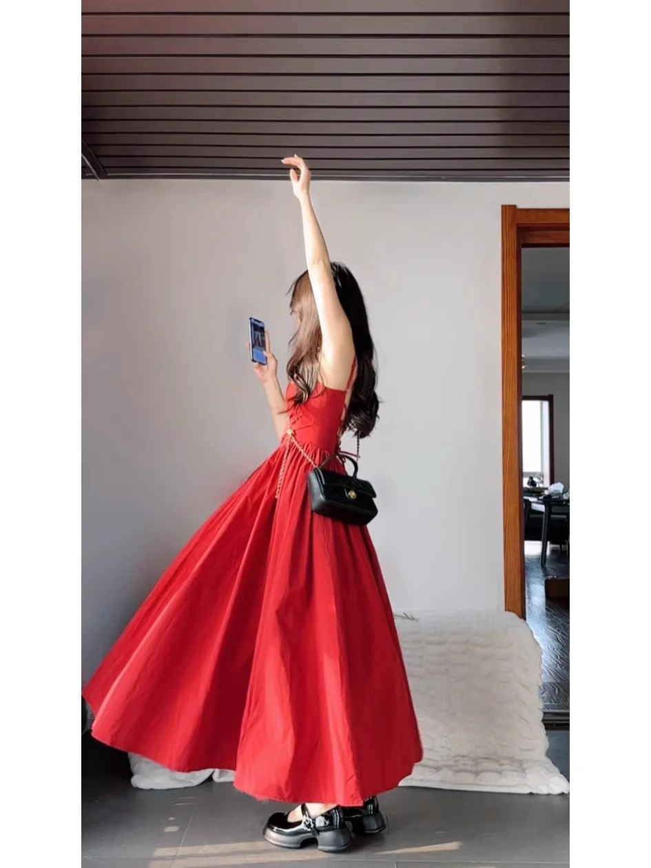 Chic A Line Spaghetti Straps Red Backless Ruffles Long Prom Dresses Birthday Outfits