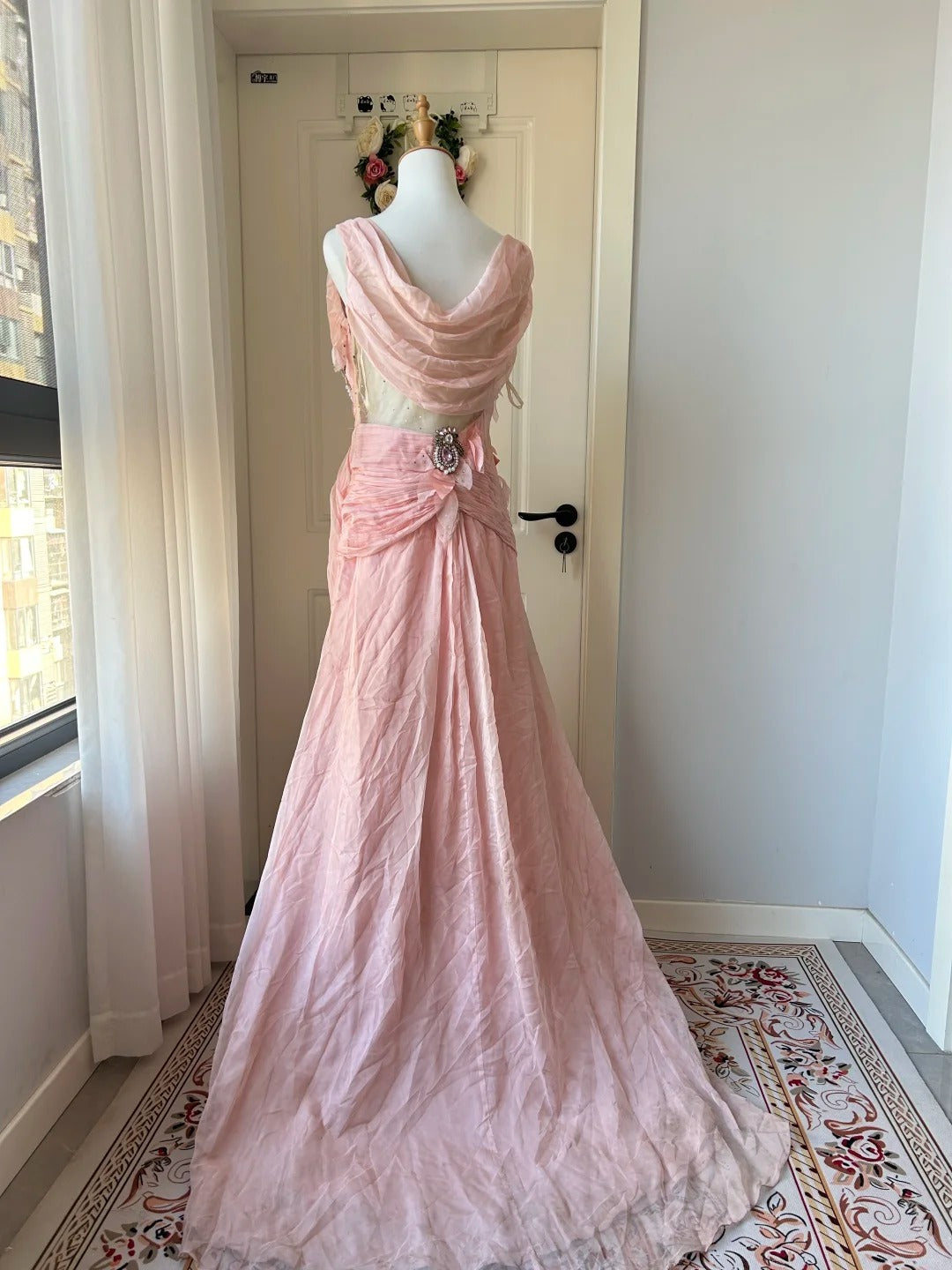 Vintage Pink A-line Rhinestone Beaded Chiffon Long Prom Dress Evening Dress