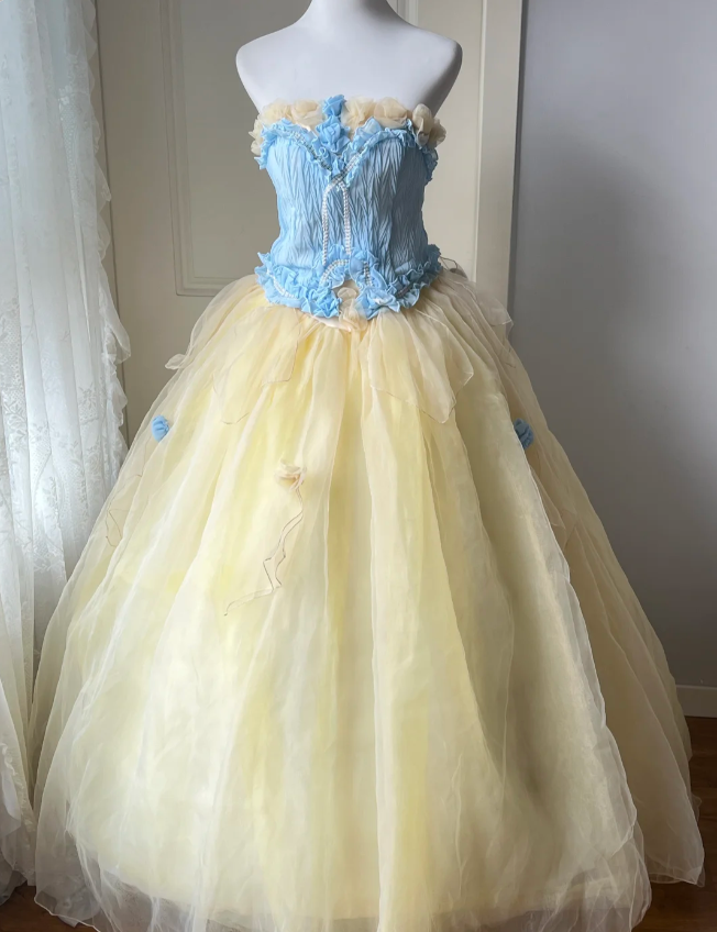 Dreamy Blue and Yellow Color-blocked Strapless Tulle Ball Gown Evening Dress Sweet 16 Dress
