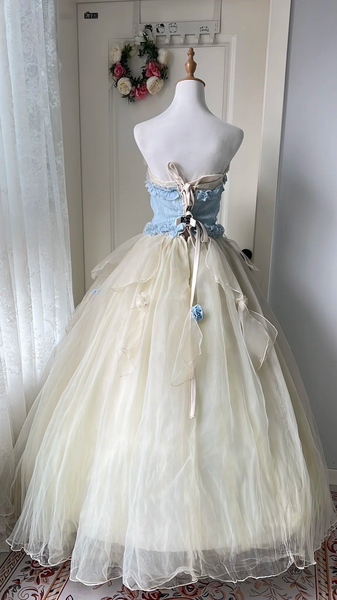 Dreamy Blue and Yellow Color-blocked Strapless Tulle Ball Gown Evening Dress Sweet 16 Dress
