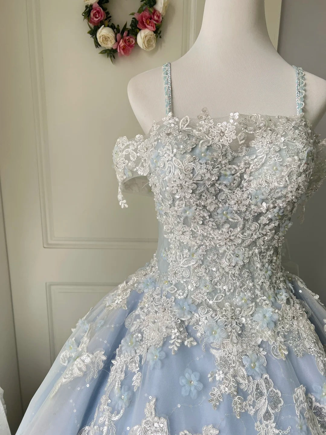 Princess Light Blue Lace Tulle Ball Gown Evening Dress Sweet 16 Dress