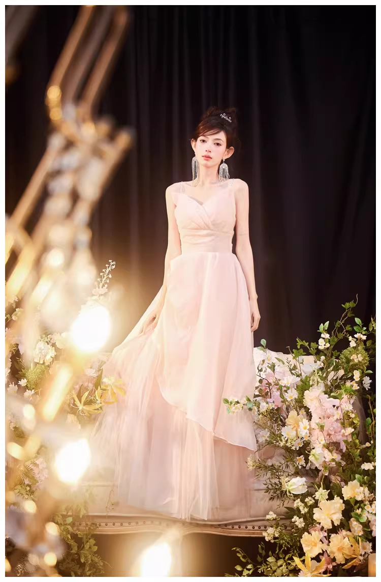 Sweet Pink Spaghetti Straps Tulle Beaded A Line Long Evening Dress Formal 20th Birthday Outfits