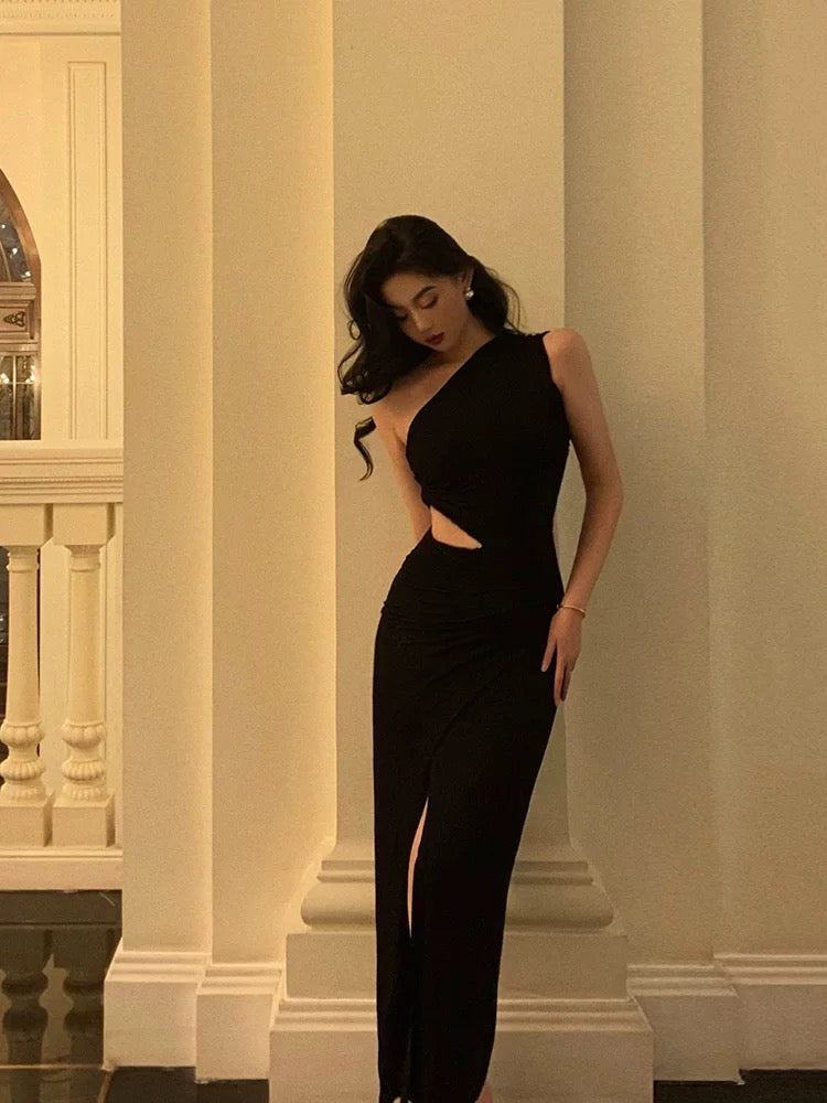 Sexy Sheath One Shoulder Black Slit Long Prom Dresses Evening Dress