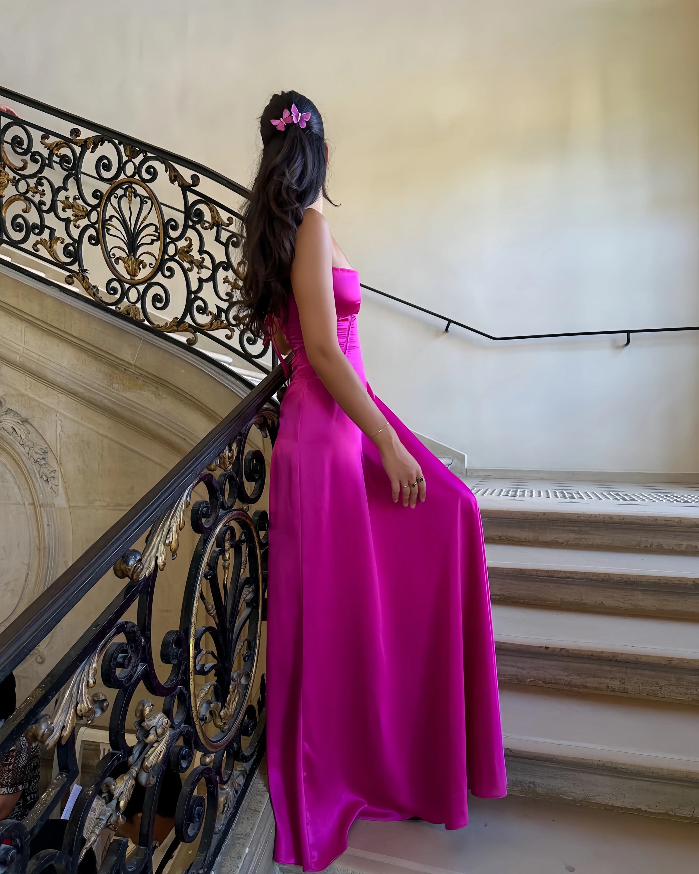 Pretty A line Spaghetti Straps Pink Satin Long Party Dresses Prom Dresses