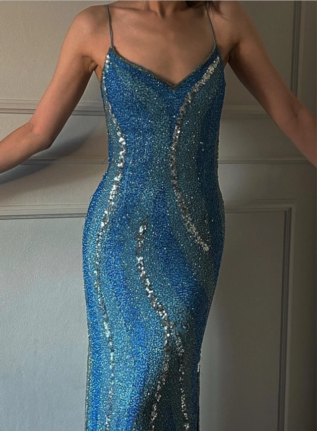 Gorgeous Blue Mermaid Halter V-neck Backless Sequined Long Prom Dress Evening Dress