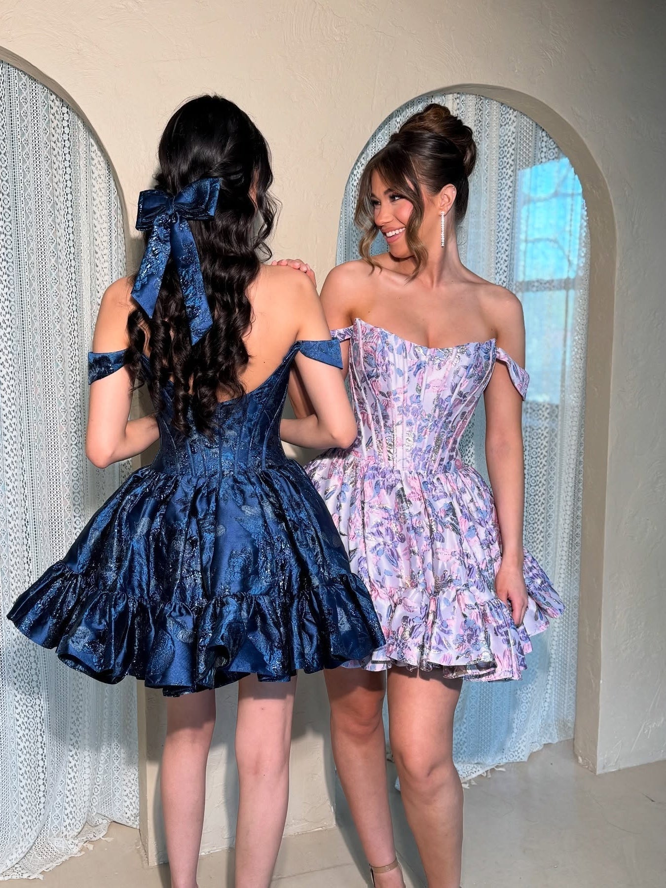 Modern A Line Off the Shoulder Lilac Printed Short Homecoming Dress