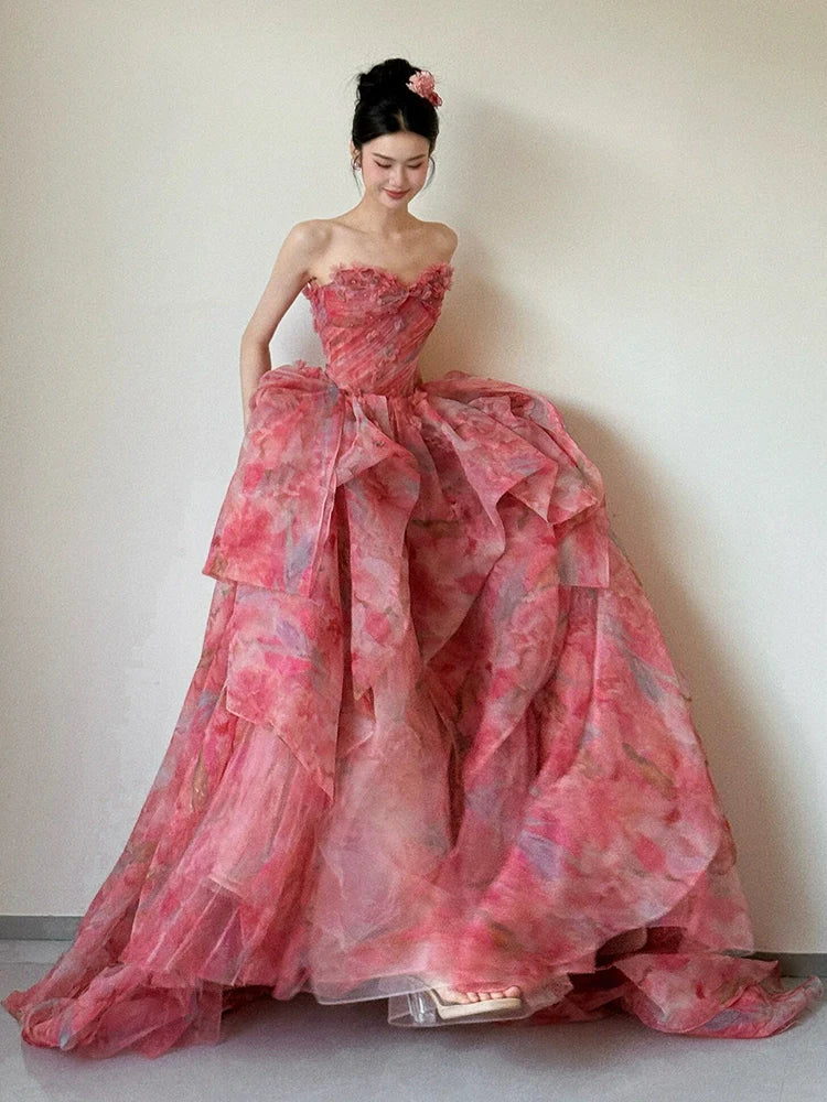 A Line Strapless Floral Print Long Prom Dress Sexy Evening Dresses