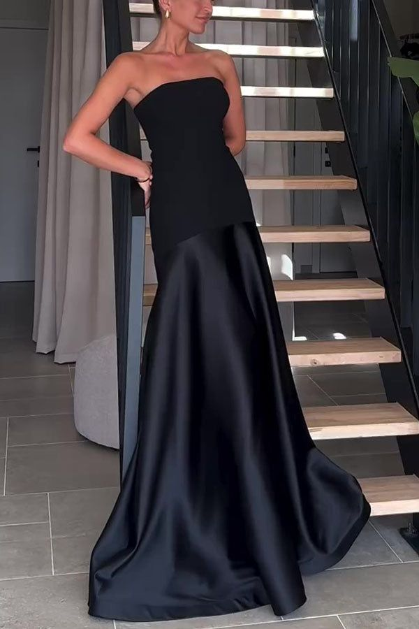 Sexy Strapless Navy Blue Long Prom Dress Formal A Line Evening Dress