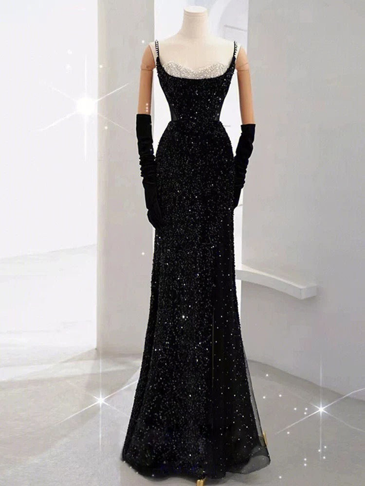 Elegant Mermaid Spaghetti Straps Black Sequin Long Prom Dresses Party Dress With Beads