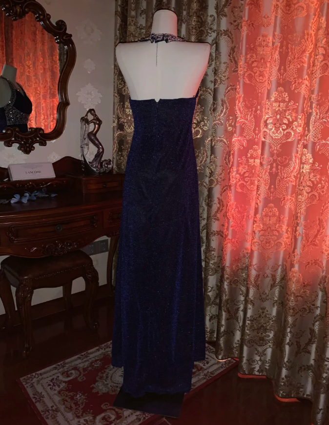 Pretty Halter Navy Blue Sequin Beaded Mermaid Long Evening Dress Birthday Party Dress