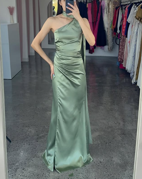 Gorgeous Hot Pink One Shoulder Satin Long Prom Dress,Mermaid Party Evening Dress