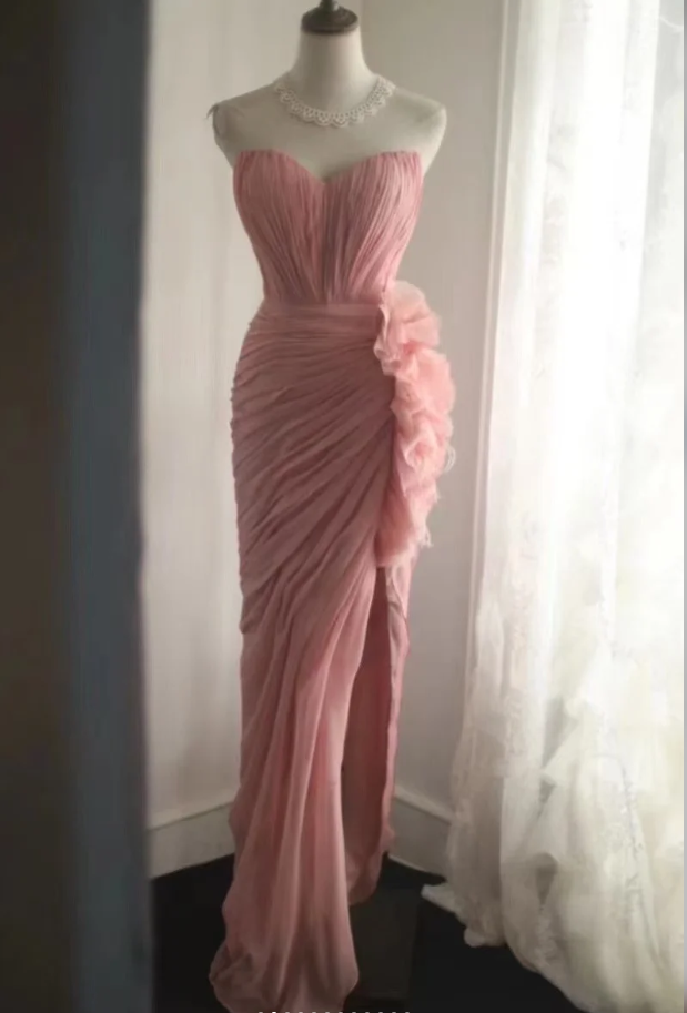 Pretty Pink Strapless Chiffon Pleated Slit Long Party Dress Evening Dress