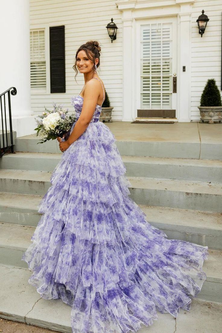 Sweet Ball Gown Straps Lavender Floral Printed Tulle Long Prom Dress