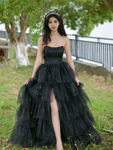 Glitter Black Tulle Layered Long Prom Dress Slit Fairy Ball Gown Party Dress