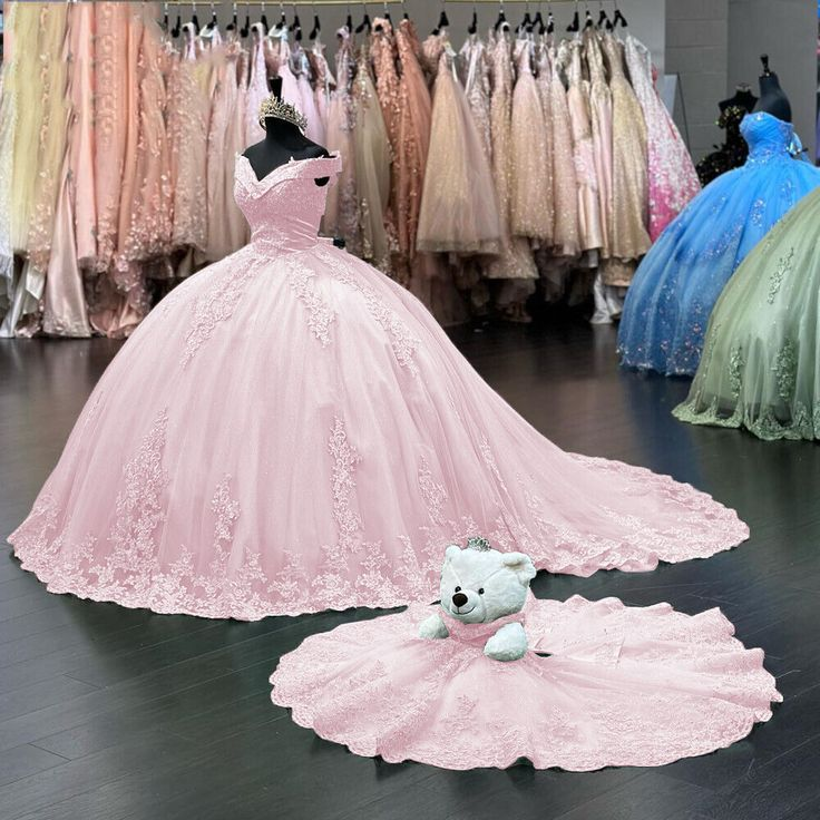 Off Shoulder Pink Sweet 16 Quinceanera Dresses Lace Birthday Ball Gown
