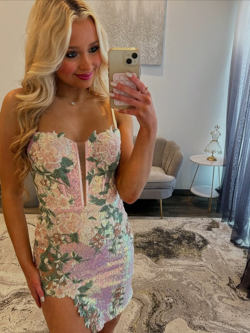 Gorgeous Sheath Spaghetti Straps Pink Short Homecoming Dress with Embroidery