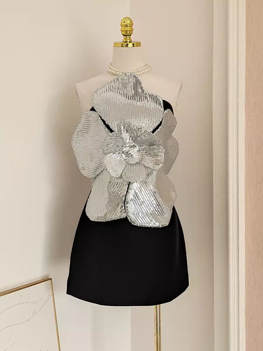 Sexy A line Strapless Sequin Travel Vacation Dress Short Black Birthday Dress