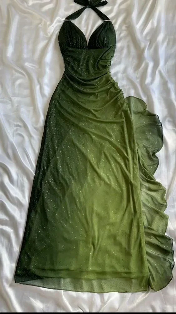 Charming Halter Ombre Green Chiffon Long Prom Dress Party Evening Gown