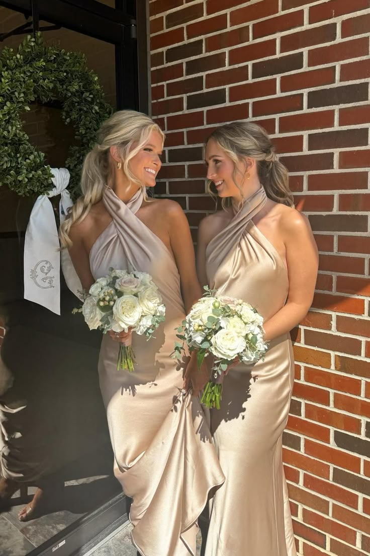Classy Halter Champagne Backless Sheath Tea Length Bridesmaid Dress Formal Wedding Guest Dress