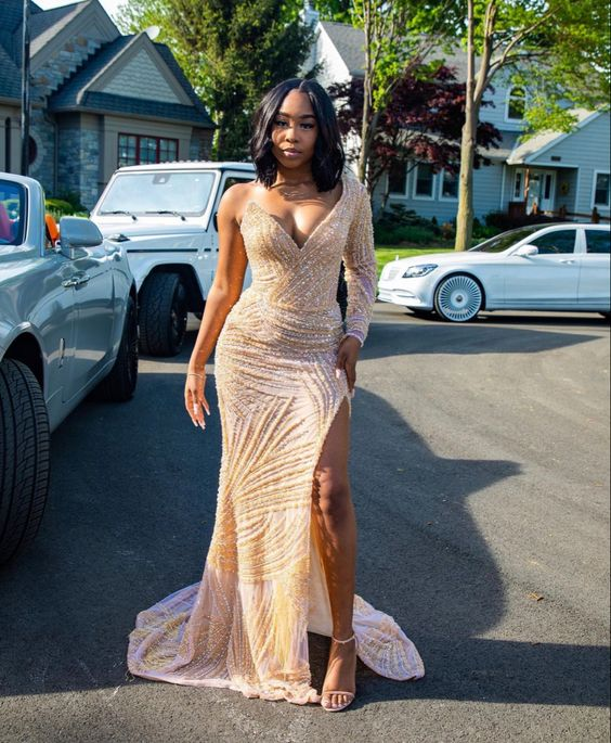 Luxurious Handmade One Sleeve Sheath Prom Dress,Glam Dress