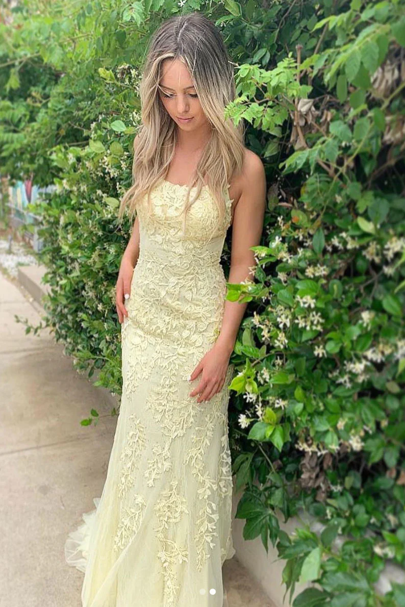 Elegant Yellow Backless Lace Prom Dress Mermaid Party Evening Gown