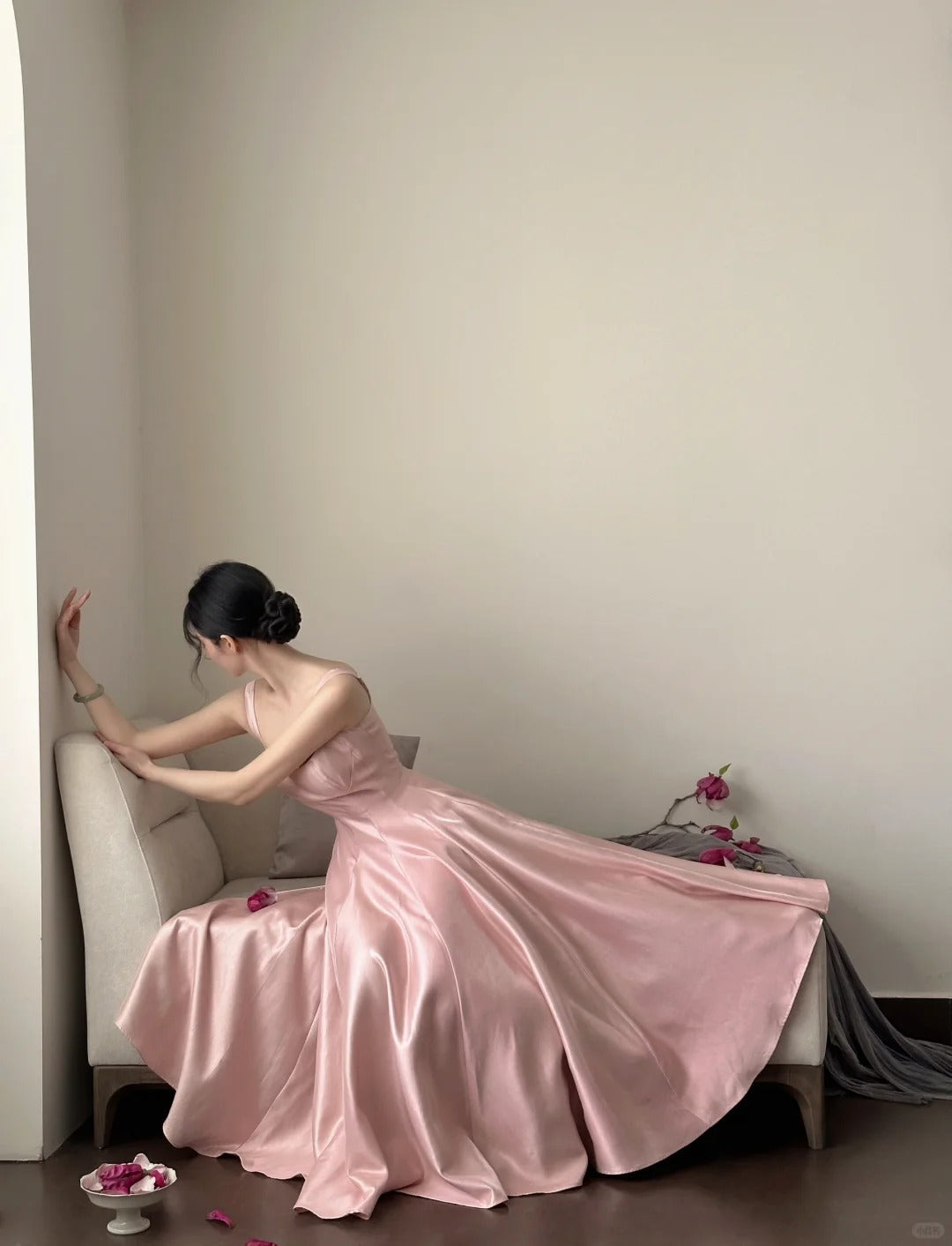 Elegant Pink A-line Square Neck Strap Satin Long Prom Dress Evening Dress