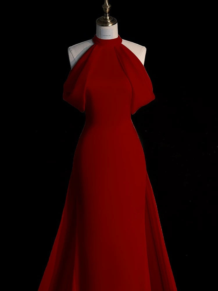 Sexy Sheath Halter Red Satin Long Prom Dress Evening Dress Formal Dress
