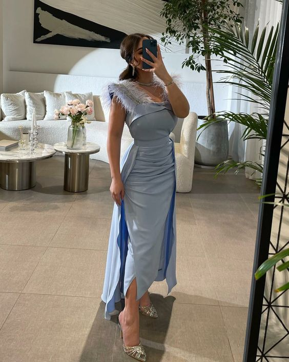 Women Sky Blue Feather Strap Sleeveless Evening Dress