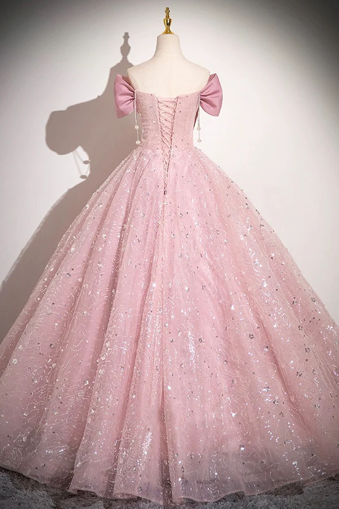 Cute Pink Tulle Sequins Long A-Line Ball Gown, Off Shoulder Sweet 16 Dress