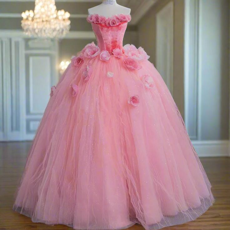 Pink Princess Ball Gown Sweet 16 Dress Fairy 3D Flowers Tulle Prom Dress Quinceanera Dress