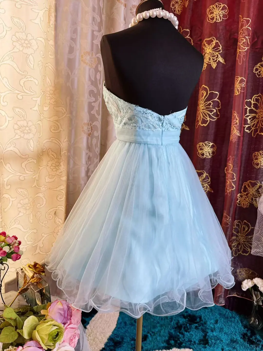 Cute Strapless Light Blue Tulle Appliques A Line Short Graduation Homecoming Dress 20th Birthday Outfits