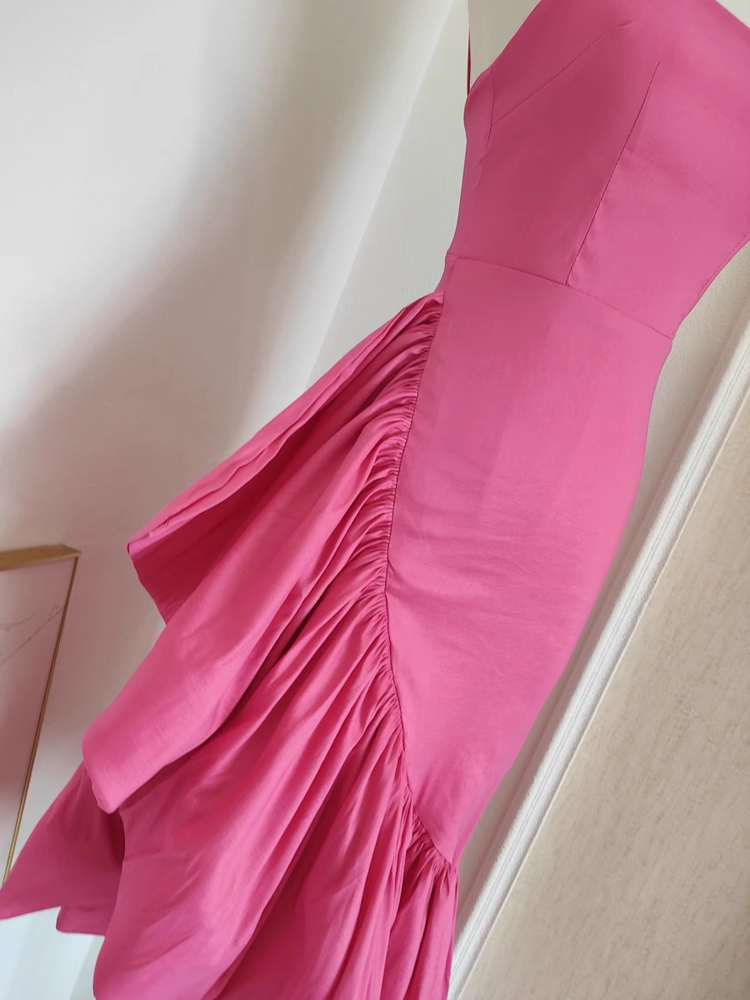 Sexy Sheath Spaghetti Straps Hot Pink Satin Dinner Party Dresses Birthday Outfits