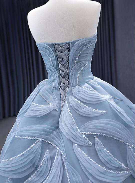 High-End Blue Beading Tulle Cascading Ruffles Prom Dress New Ball Gown