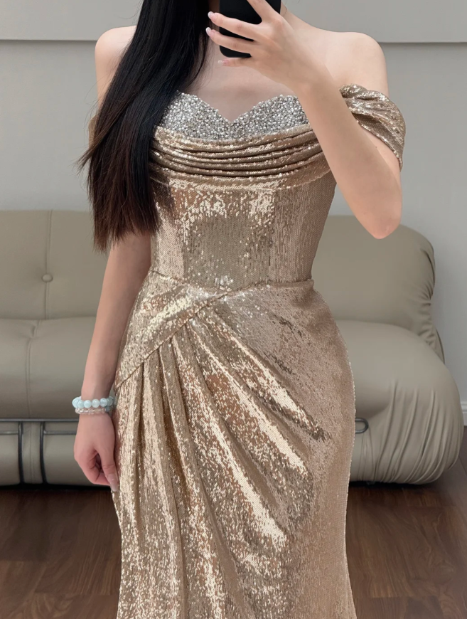 Off The Shoulder Champane Prom Party Dress Birthday Dress Evening Dress