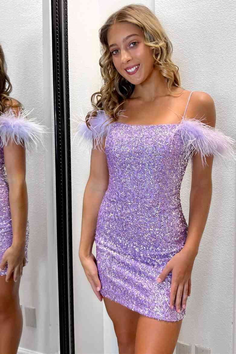 Feather Cold Shoulder Lilac Sequin Homecoming Dress