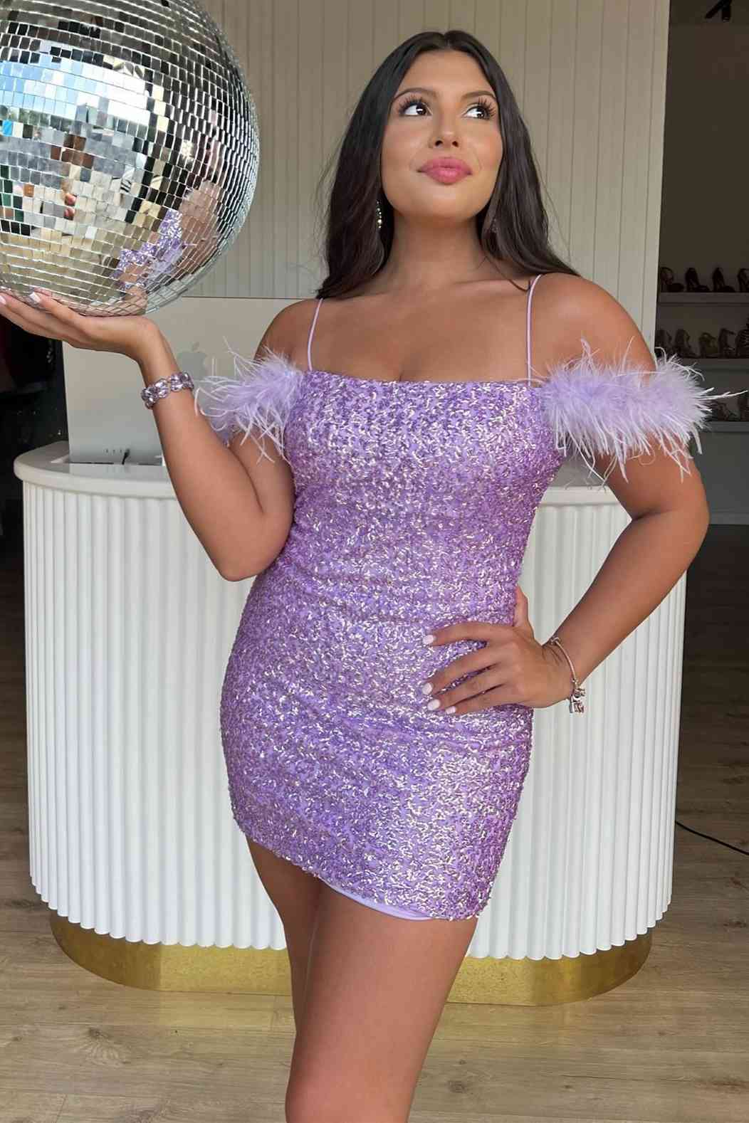 Feather Cold Shoulder Lilac Sequin Homecoming Dress