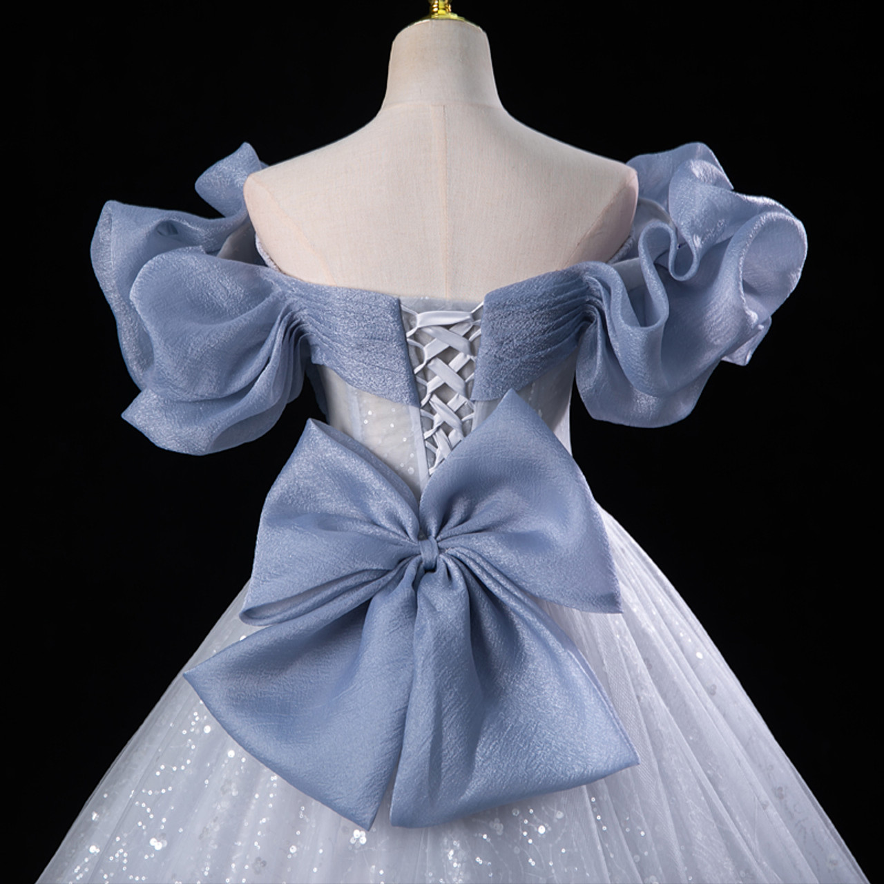 Fairy Blue Tulle Sequins Off the Shoulder Quinceanera Dress Cute Ball Gown With Bow