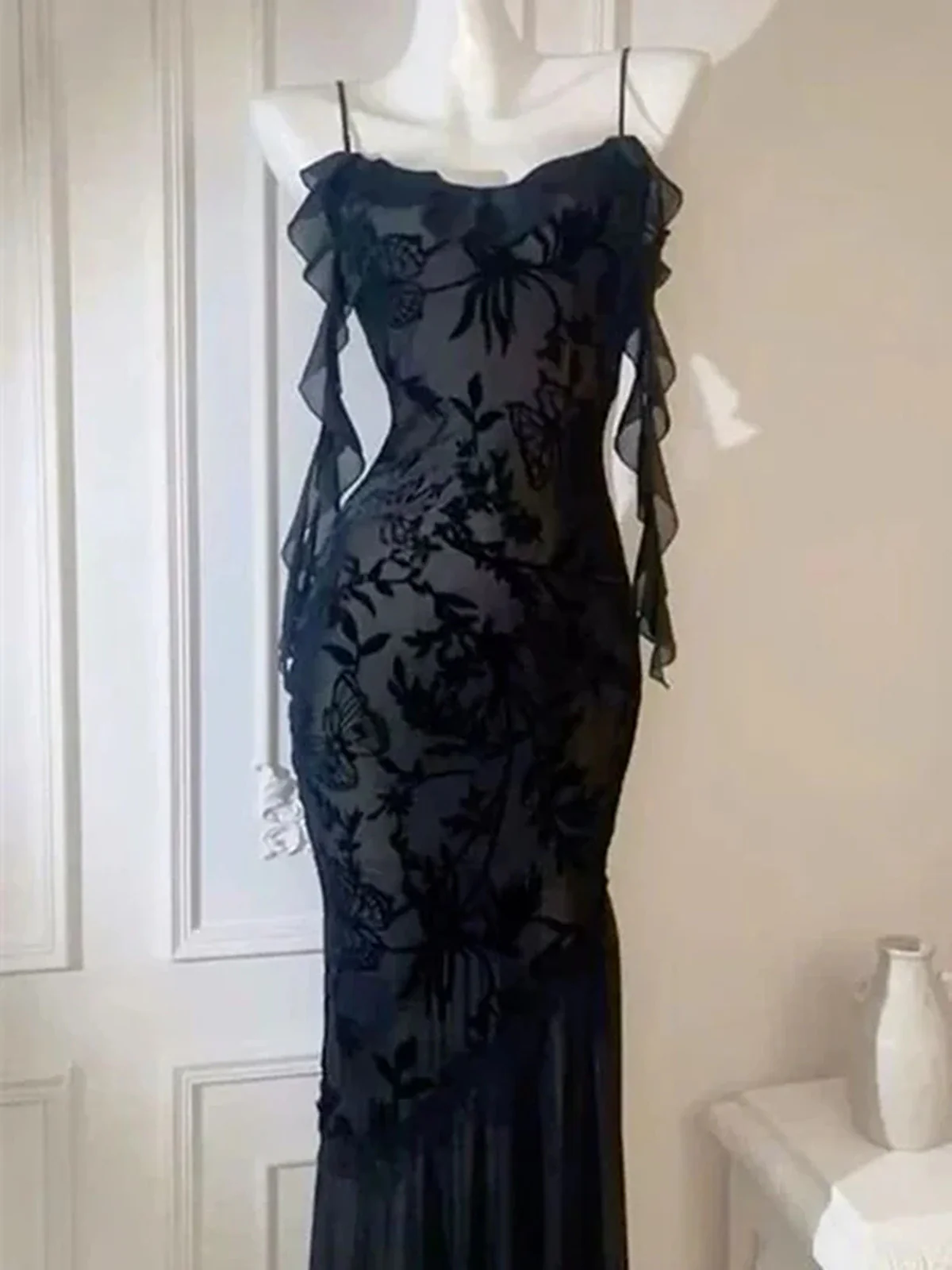 Black Lace Mermaid Maxi Dress Prom Dress, Gothic Lace Black Evening Dress
