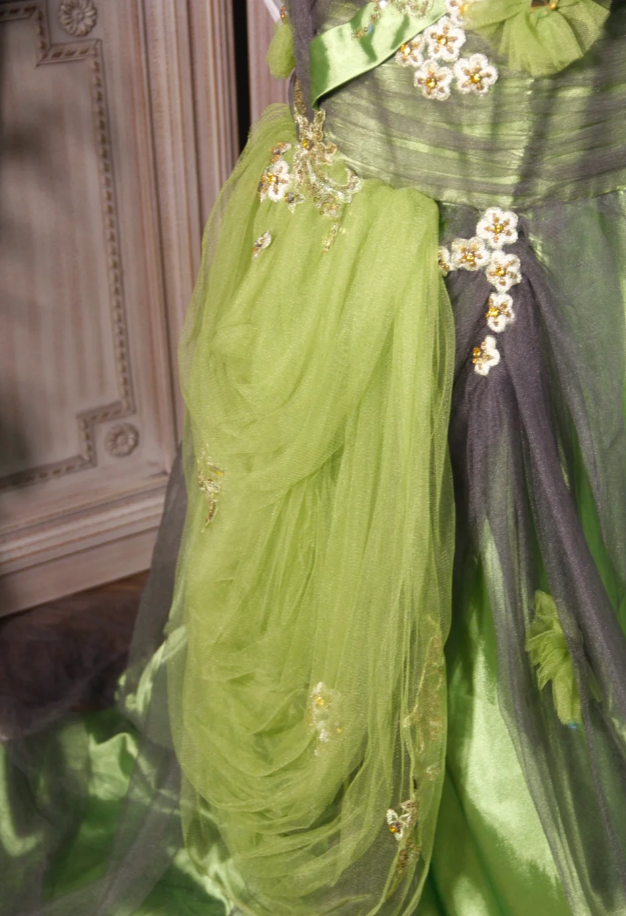 Vintage Green Spaghetti Straps Satin Tulle Appliques Mermaid Prom Dress Long Evening Dress