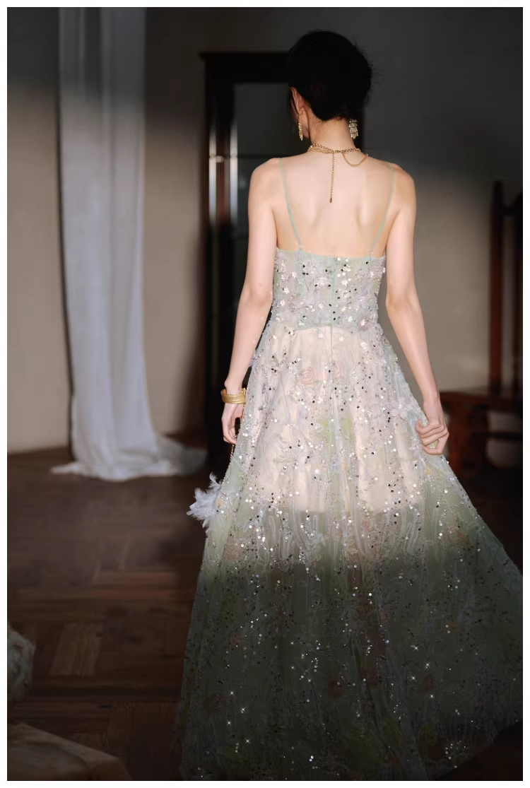 Pretty Spaghetti Straps Green Tulle Appliques A Line Long Birthday Prom Dress Evening Dress