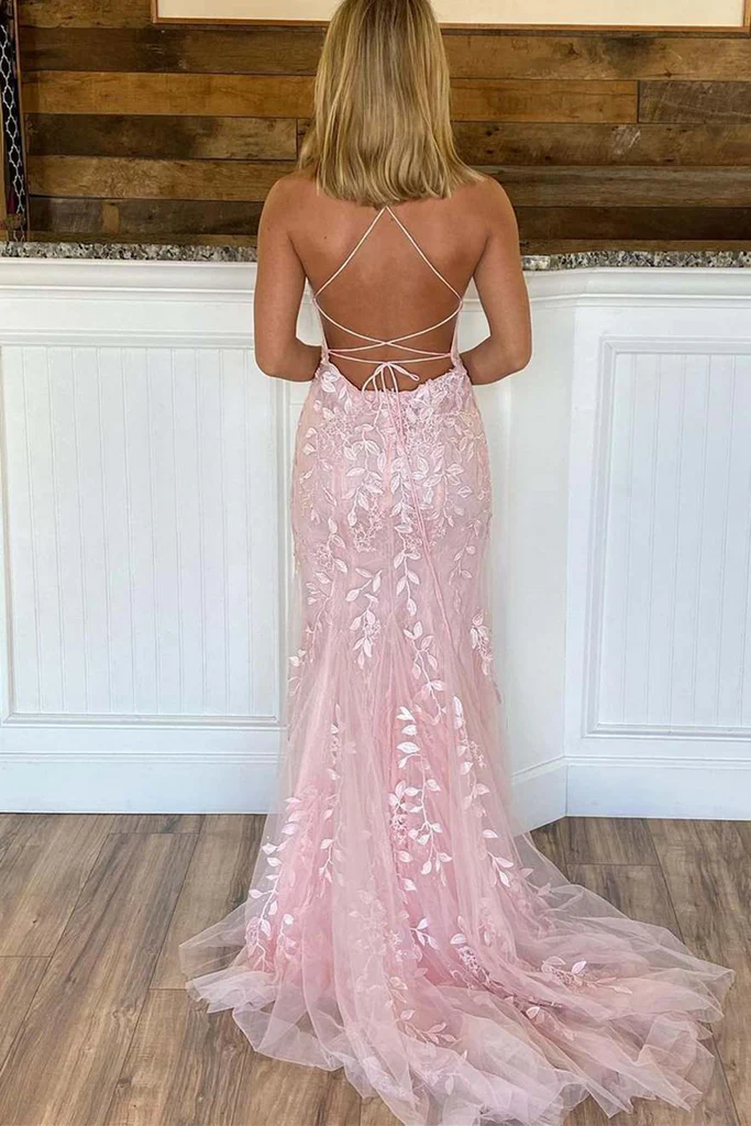 Pink Mermaid Lace Tulle Prom Dress Lace-up Back Evening Dress
