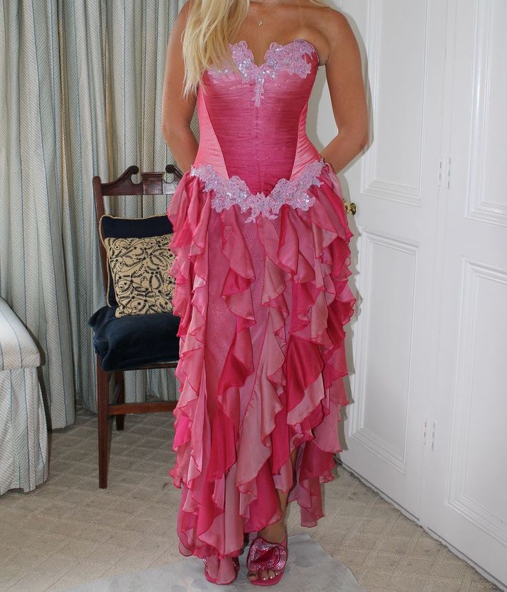 Vintage Hot Pink Lace Chiffon Ruffles Evening Dress Strapless Prom Dress