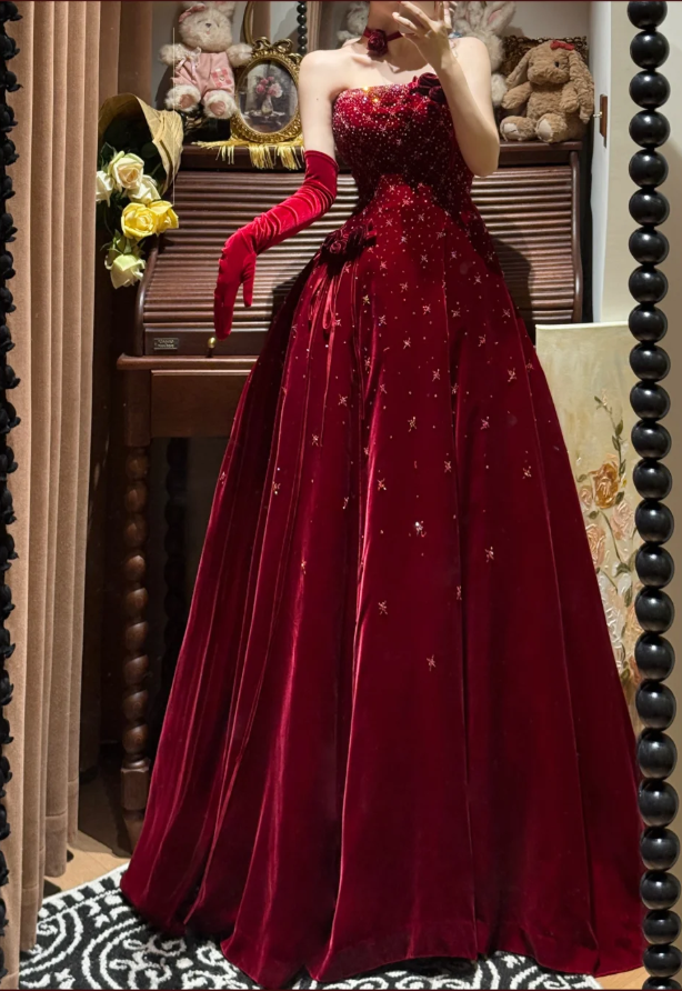 Pretty Burgundy Strapless Velvet Beaded Long Birthday Party Dress Evening Dress