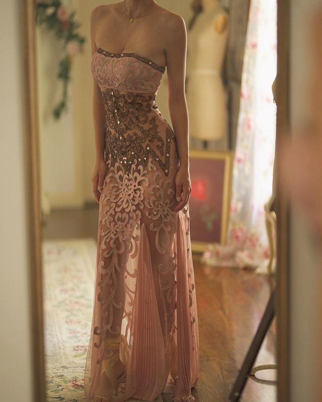 Chic Strapless Pink Tulle Lace Appliques Beaded Mermaid Long Party Dress Formal Birthday Prom Gown