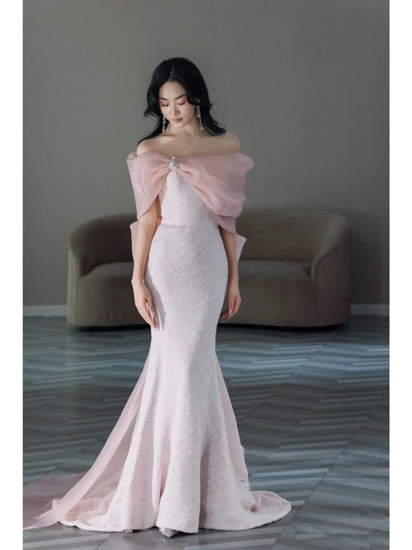 Pretty Mermaid Strapless Pink Sequin Long Evening Dress Prom Dresses With Bow