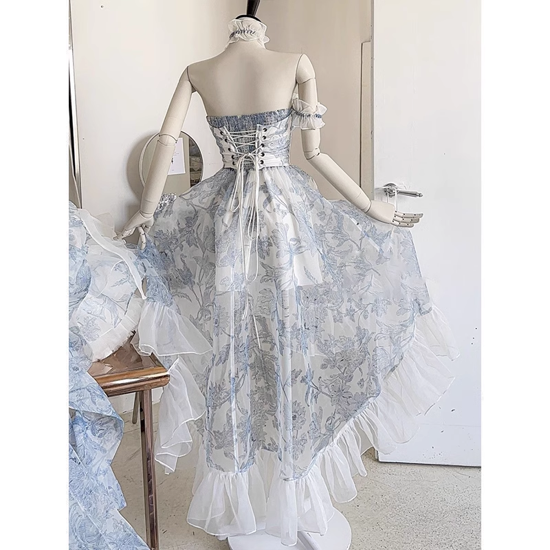 Vintage High Low Strapless Floor Length Light Blue Flowers Prom Dresses Birthday Dress