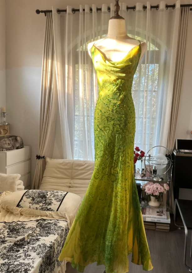 Chic Ombre Green Chiffon Beaded Mermaid Long Party Dress Formal Birthday Prom Dress
