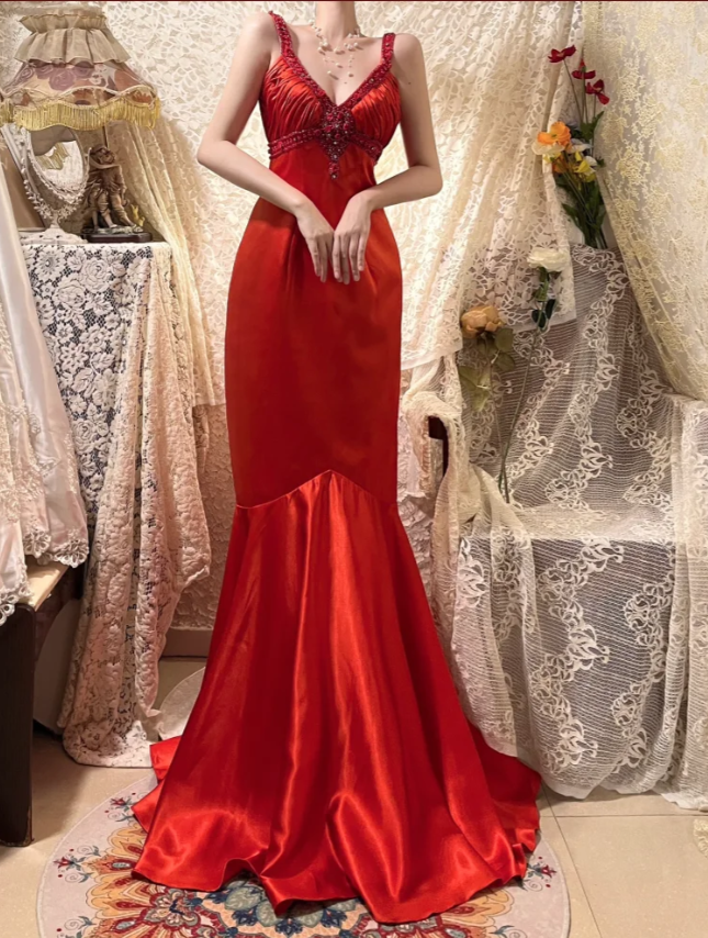 Charming Spaghetti Straps Red V Neck Satin Beaded Party Dress Long Wedding Guest Dress